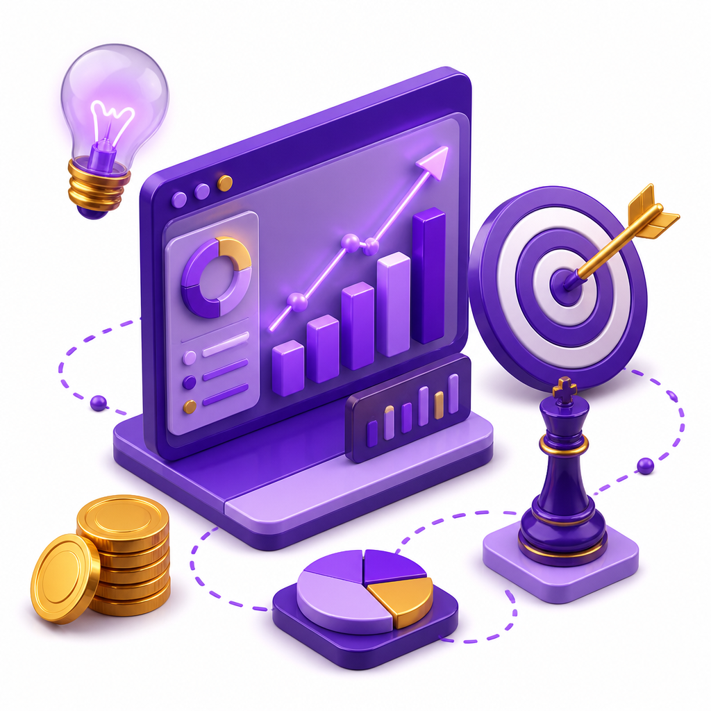 Illustration of a growth chart, lightbulb, and target representing sales strategy