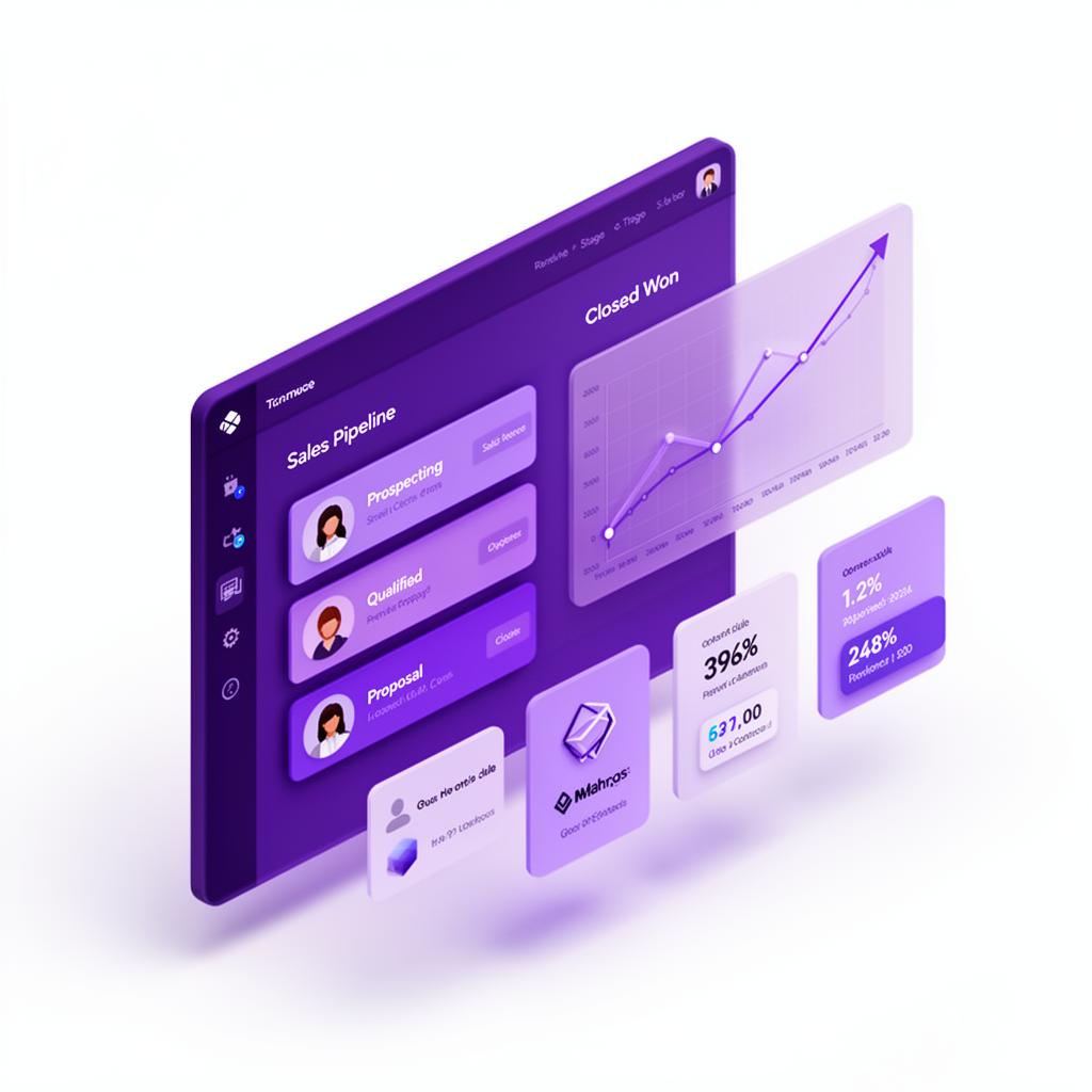 Illustration of a CRM dashboard showing a sales pipeline, revenue chart, and contact cards