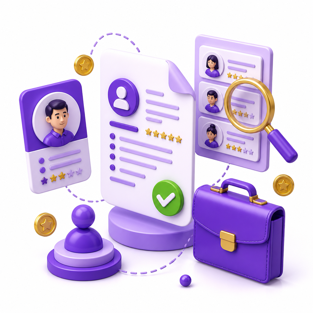 Illustration of a resume, candidate profile card, and hiring workflow