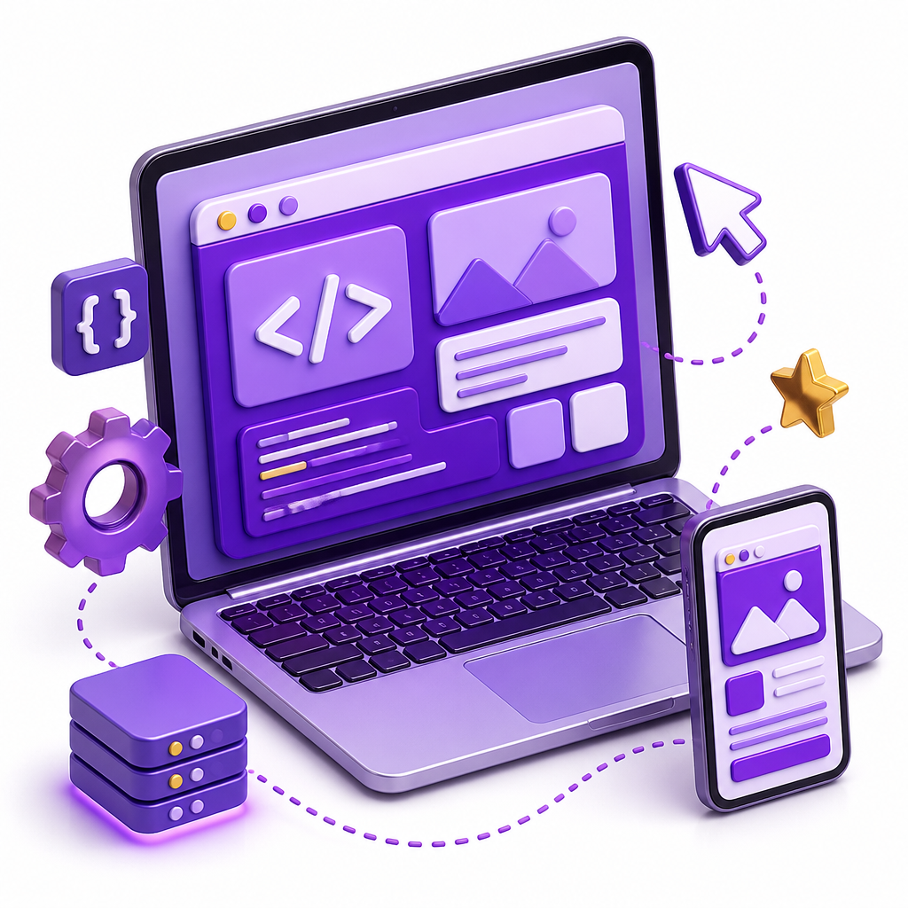 Illustration of a laptop showing code and a browser window with a mobile device