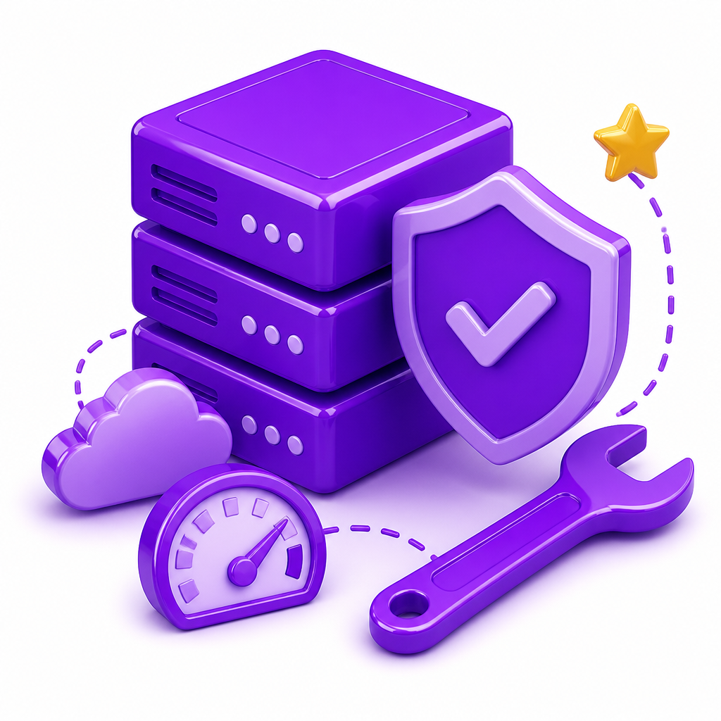 Illustration of a server stack with a shield and uptime graph