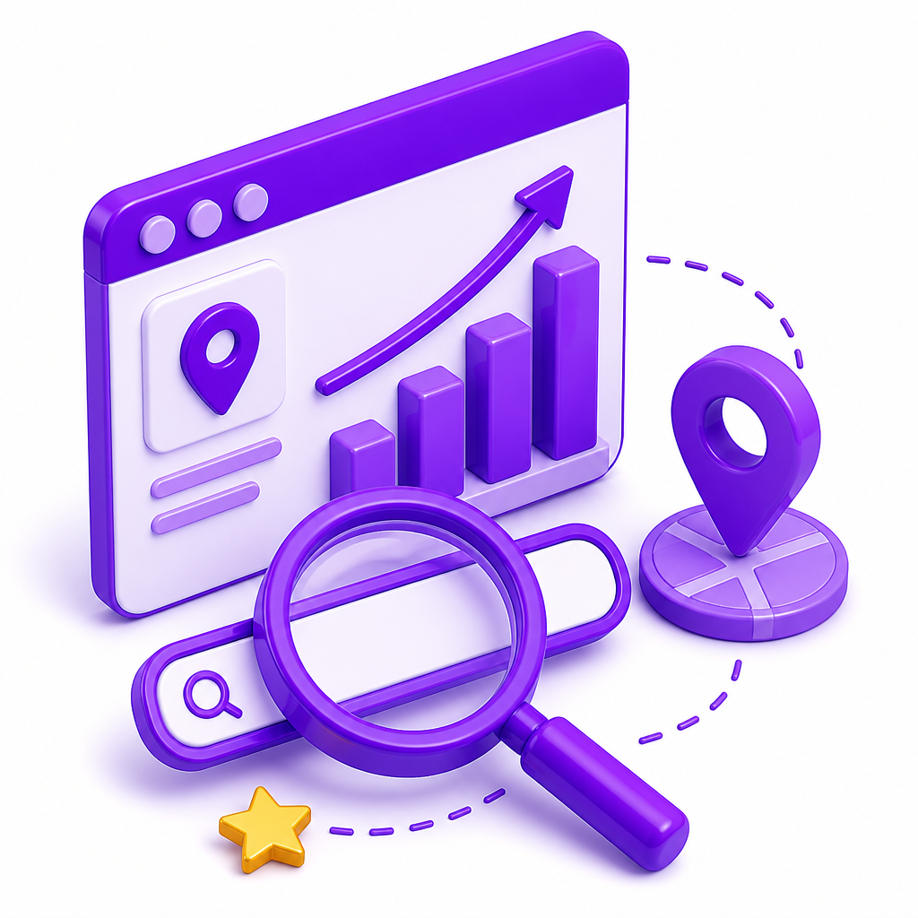 Illustration of a magnifying glass, map pin, and search ranking chart